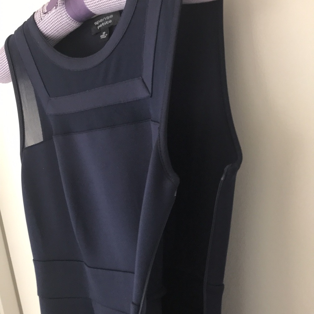 Spense Petite Navy Sheath dress, mesh neckline